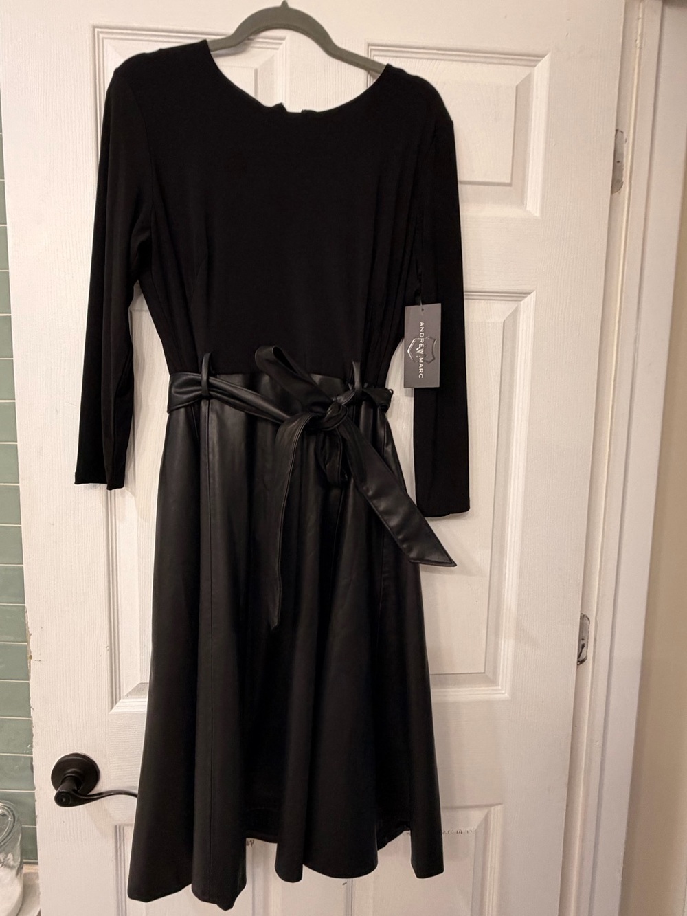 Andrew Marc Black Long-Sleeve Faux Leather Waist-Tie Dress